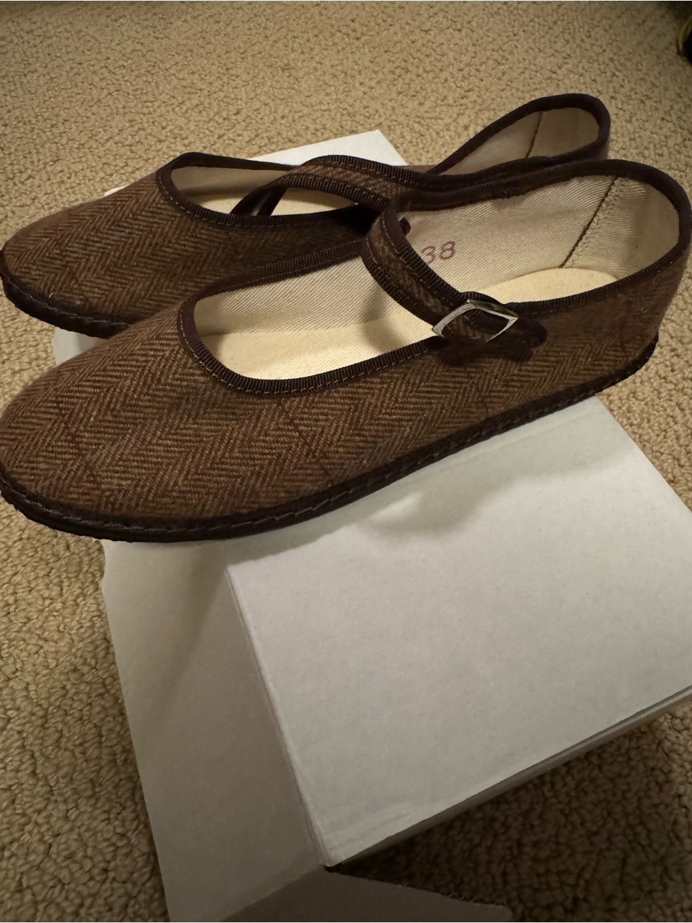 Brown Herringbone Mary Jane Flats